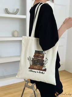 BirdinBag - Preppy Letter & Book Small Shopper Bag with Graphic Design Bookish Tote Bag For Everyday Use, Bookish Rectangular Bag For Daily Use, Bookish School Bags With Letter Print, Everyday Use Tote Bag, Bookish Tote Bag With Letter Print, White Bookish Bags For Daily Use, White Bookish Bag For Daily Use, White Bookish Bag For Everyday Use, Literary Style Letter Print Bag