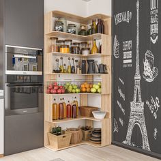 a kitchen with a chalkboard wall and shelves filled with food