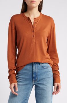 Cut from a breathable cotton blend with sumptuous modal, this long-sleeve henley is the perfect pick for year-round layering. Button half placket Band collar Long sleeves 60% cotton, 40% modal Machine wash, dry flat Imported Women Long Sleeve Tops, Band Collar, Rust, Layering, Long Sleeve Tops, Top Blouse, Cotton Blend, Nordstrom, Long Sleeves