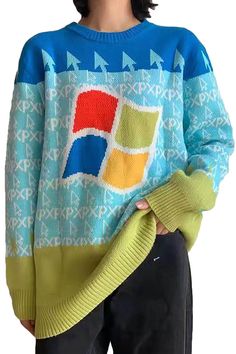 Windows Logo Microsoft Ugly Sweater Unisex Geek Style Nerd Inspired Outfits, Green Y2k Style Winter Sweater, Webcore Clothes, Autismcore Aesthetic Outfits, Cute Sweaters Aesthetic, Weird Clothes Aesthetic, Chaotic Outfit, Webcore Outfits, Kidcore Sweater