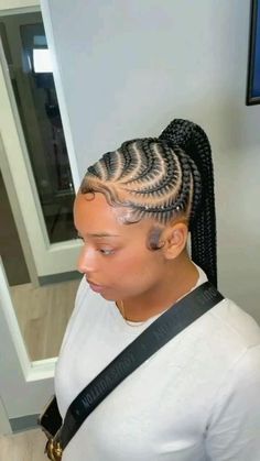 Stitch Braids High Ponytail, Stitch Braid Ponytail With Design, Feed In Braids Into High Bun, Stitch Braid Ponytail For Black Women, Braided Feed In Ponytail, Medium Feed In Braids Ponytail, High Ponytail Braids, High Ponytail Cornrows