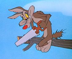 a cartoon character holding a large saw on top of a tree branch in front of a blue sky