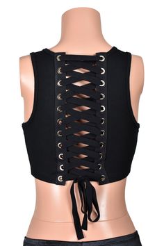 Back view of mannequin wearing Black Lace-Up Back Cropped Tank Top.  Top has 11 rows of wide silver grommets and an open back covered with elastic lacing. About 1/3 of the back is open. Dark Clothing, Corset Lacing, Black Stretch Lace, Tank Top Skirt, Diy Shirts, Lace Up Leggings, Punk Clothing, Corset Tops, Black Crop Top Tank