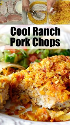 this is an image of some food on a plate with the words cool ranch pork chops