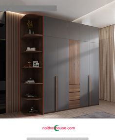 an image of a modern bedroom setting with closets and bookshelves in the corner