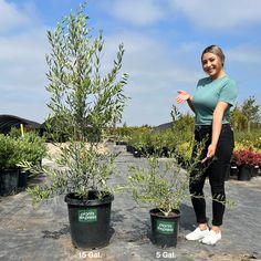 a woman standing next to two potted plants