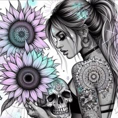 a woman holding a skull and two sunflowers