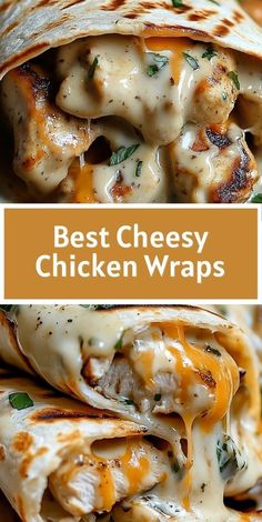 Quick, cheesy, and absolutely delicious! These Cheesy Garlic Chicken Wraps come together in no time and are perfect for dinner. Creamy garlic sauce makes them extra tasty. Wraps For Dinner, Cheesy Garlic Chicken, New Dinner, Creamy Garlic Chicken, Creamy Garlic Sauce, Chicken Wraps, Creamy Garlic, Chicken Dishes Recipes, Dinner Idea