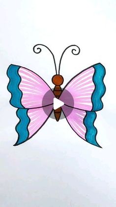 a pink and blue butterfly hanging from the side of a building with white sky in the background