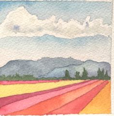 a watercolor painting of a farm field with mountains in the distance and clouds overhead