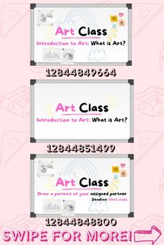 three different types of business cards with the words art class written in pink and white