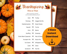 a thanksgiving menu with pumpkins and other autumn items on it, including an orange marker