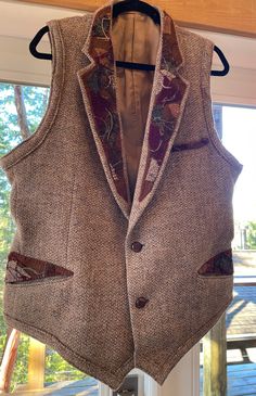 Repurposed Harris Tweed Jacket into a unique vest!  Soft tones of brown, golds rusts and muted magenta... embellished with hand stitching and felted details. A statement piece... for dress or totally casual. Chest - 42" Back Length - 25.5" Classy, comfortable and functional, vintage Harris Tweed Jackets from the '70's -'80's transformed into up cycled vests, with harris tweed off-cuts as embellished trim and hand stitching... original label of authenticity inside each vest. Loving the transforma Upcycle Tweed Jacket, Unique Vest, Harris Tweed Jacket, Tweed Jackets, Tweed Vest, Harris Tweed, Vest Outfits, Tweed Jacket, Hand Stitching