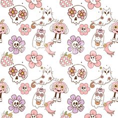 an image of skulls and flowers on a white background with pink, purple, and yellow colors