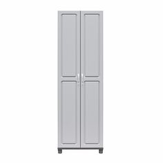 a tall white cabinet with two doors on each side