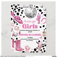 a pink and black flyer for a girls's party with cowgirls, cowboy boots