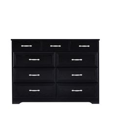 a black dresser with six drawers and two handles