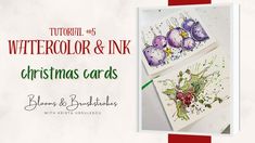 watercolor and ink christmas cards with text overlaying the image in red, white, and green