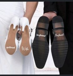 the bride and groom are holding their wedding shoes with words on them that read, married after 40