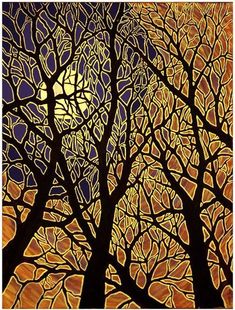 an abstract painting of trees with the moon in the background