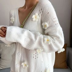 3D Flower Hollow Out Knitted Cardigan – Tomscloth Knit Floral Print Cardigan, Winter Floral Print Knit Cardigan, White Knitted Cardigan For Spring, White Knit Cardigan For Spring, Spring Soft Knit Cardigan, White Floral Print Casual Cardigan, Casual White Floral Print Cardigan, Flower Beading, 3d Flowers