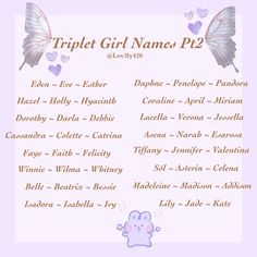 a purple and white poster with butterflies on it's back side, which reads triplet girl names p2