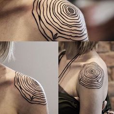 three images show the different angles of a woman's shoulder and arm with an abstract design on it