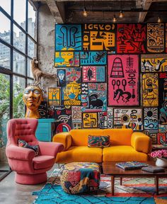 an eclectic living room with bright colored furniture and artwork on the wall, along with floor to ceiling windows