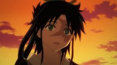 an anime character with long black hair looking at the camera in front of a sunset