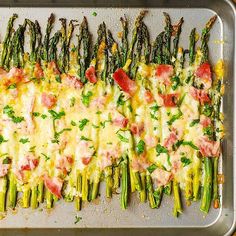 asparagus and ham casserole on a baking sheet ready to go into the oven