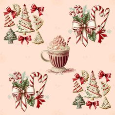 a cup of hot chocolate with candy canes and christmas decorations around it on a pink background