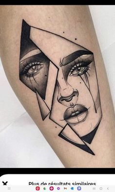 a woman's face with geometric shapes on her leg, done in black and grey ink