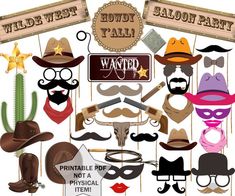 cowboy photo booth props including mustaches, hats, and other items for a western themed party