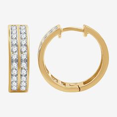 This pair of women's hoop earrings has a contemporary sophisticated design. Crafted from 14K Yellow Gold Over Silver, this sparkling duo comes with 2 vertical rows of channel set round-cut Lab-Grown Diamonds for 1 carat in total. # Pieces In Set: 1 PairFeatures: In A Gift BoxDiamond Clarity: I2-I3Earring Back: HingedSetting: ChannelStone Cut: RoundDiamond Color: G-HMetal Color: YellowEarring Length: 17.9mmEarring Width: 5.6mmRounded Carat Weight: 1 Ct. T.w.Care: Wipe CleanStone Type: 44 Lab Gro… Gold Channel Set Hoop Earrings For Anniversary, Fine Jewelry Yellow Gold Hoop Earrings Channel Set, Formal Yellow Gold Channel Set Hoop Earrings, 14k Gold Channel Set Gold Hoop Earrings, 14k Yellow Gold Hoop Earrings With Channel Set, Classic Gold Channel Set Huggie Earrings, 14k Yellow Gold Channel Set Hoop Earrings, 14k Gold Hoop Earrings Channel Set For Formal Occasions, 14k Gold Channel Set Hoop Earrings For Formal Events