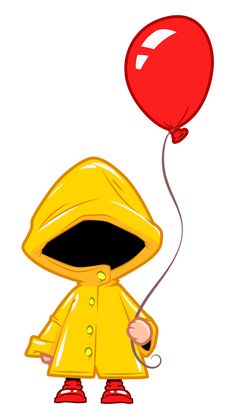 a yellow raincoat holding a red balloon