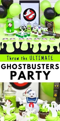 a ghostbuster party with green and black decorations, cupcakes and balloons