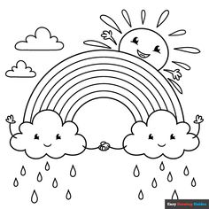 a drawing of a rainbow with rain and clouds