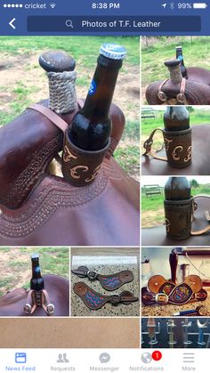 the collage shows several photos of different items in leathers, including beer bottles and boots