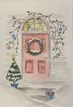 a watercolor painting of a pink door and christmas tree