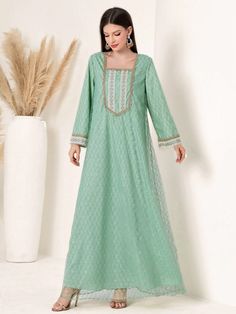 Mint Green Elegant,Modest Collar Wrist-Length Sleeve Polyester   Embellished Non-Stretch  Women Clothing Green Long Sleeve Dress For Eid, Green Long Dress For Eid, Long Green Dress For Eid, Woven Belt, Belted Dress, Mint Green, Dress P, Length Sleeve, Weaving