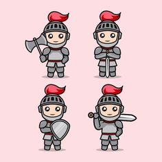 a set of four cartoon knights with different armors and helmets, all in different poses