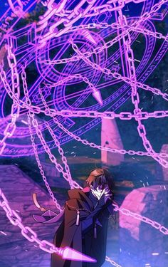 an anime character is standing in front of purple lights and chains on the ground, with his arms around him