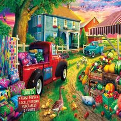 a painting of a farm scene with an old truck and chickens in the yard, surrounded by fruit and vegetables