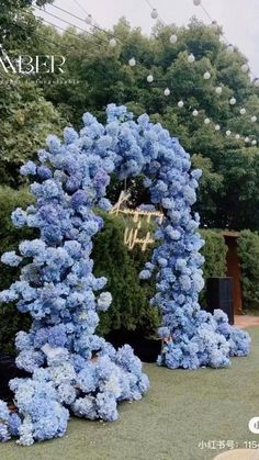 blue flowers are arranged in the shape of letters