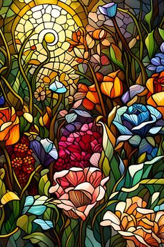 Beautiful, colorful, faux stained glass image of flowers Paint By Number For Adults, Diy Cactus, Stain Glass Window Art, Diamond Art Kits, زجاج ملون, Glass Window Art, Gem Art, Stained Glass Paint, Stained Glass Flowers