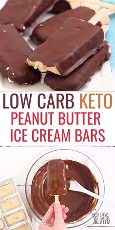 a person dipping chocolate into ice cream bars on top of a white plate with text overlay reading low carb keto peanut butter ice cream bars