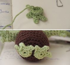 crocheted items are displayed on top of an open book and bottom of the same item