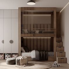 a bedroom with bunk beds and storage units