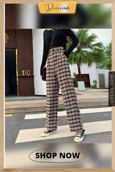 Simple Vintage Plaid Causal Long Women Pants Street Fashion Straight Wide Leg Pant Baggy Plaid Wide Leg Pants, Baggy Plaid Wide Leg Bottoms, Plaid Baggy Wide Leg Bottoms, Spring Plaid Wide Leg Pants, Casual Plaid Wide Leg Bottoms, Casual Plaid Wide Leg Pants, Casual Plaid High-waisted Pants, High Waist Plaid Pants For Spring, Casual Plaid Pants For Fall