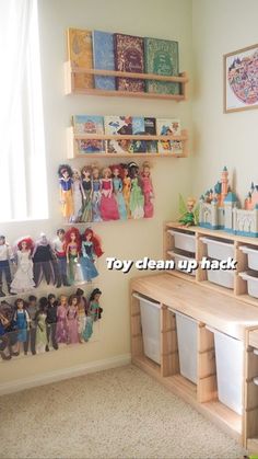 a room with shelves and toys on the wall